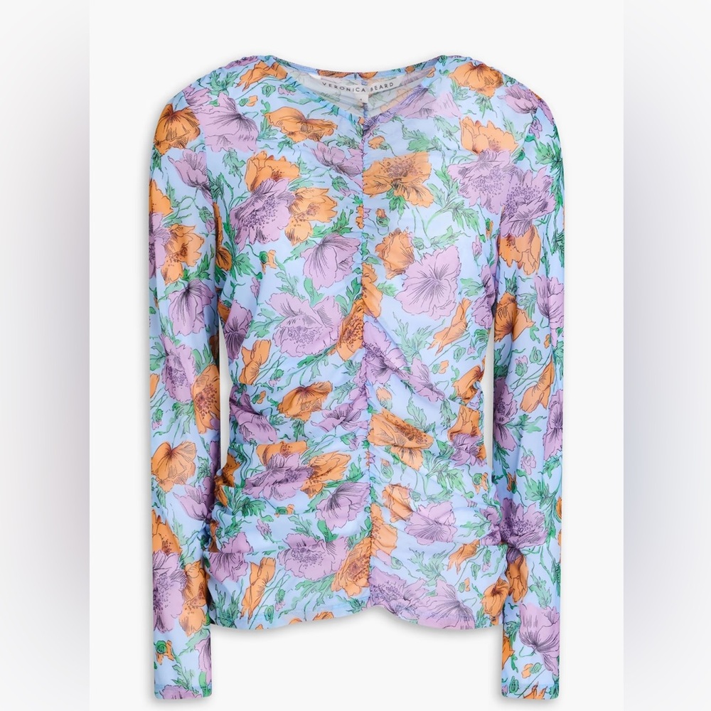 Veronica Beard Myrna Ruched Floral Print Tulle Top